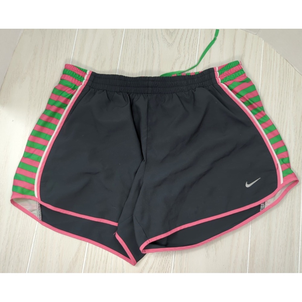 Nike women L Large Dri-fit charcoal gray pink green stripes athletic shorts